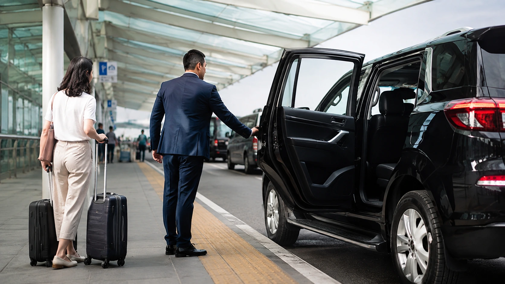 Chauffeur in a navy suit opening the door of a black SUV for a woman with two suitcases at an airport curb