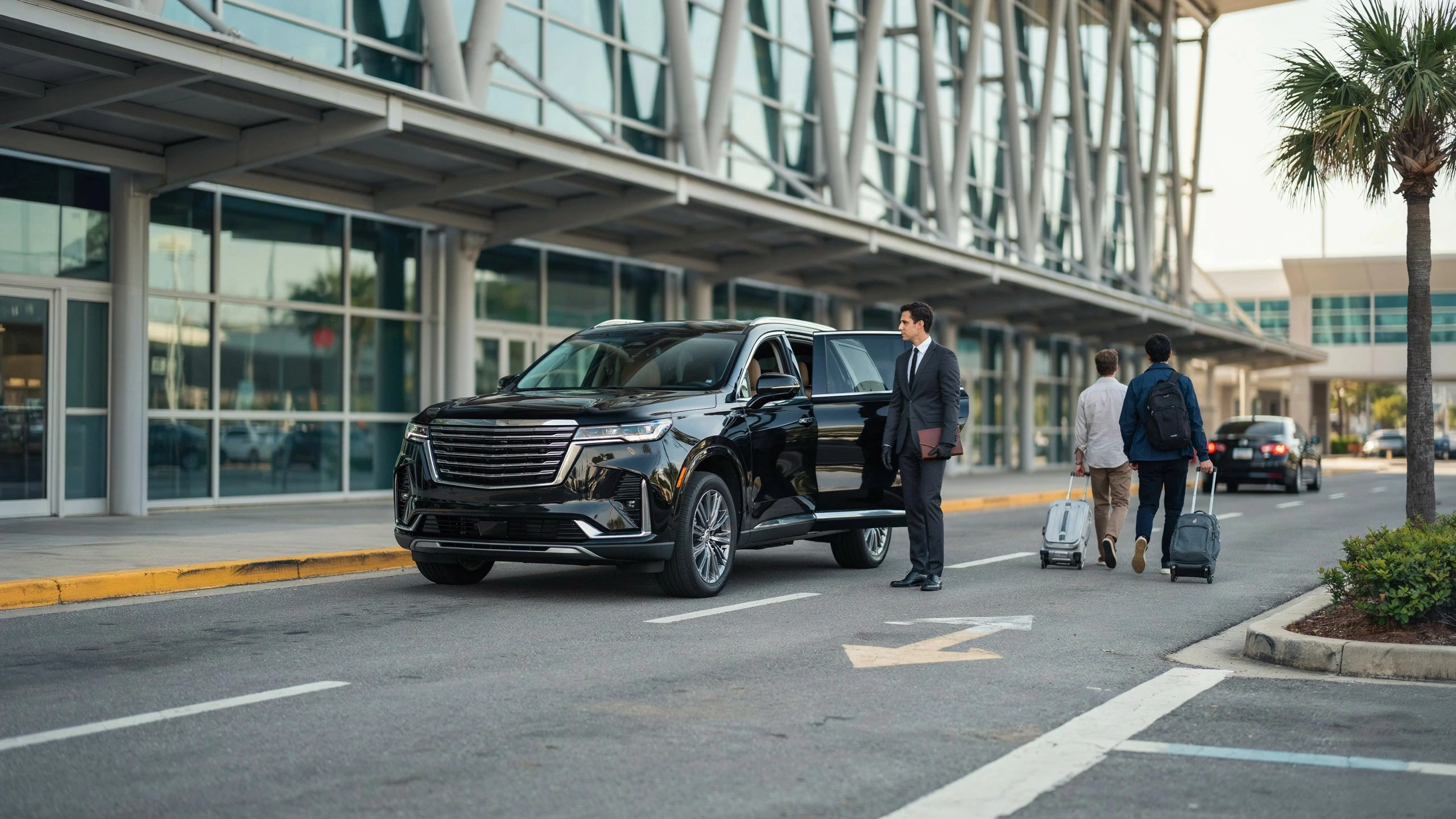 Private chauffeur standing beside a black luxury SUV as travelers with luggage leave the airport terminal