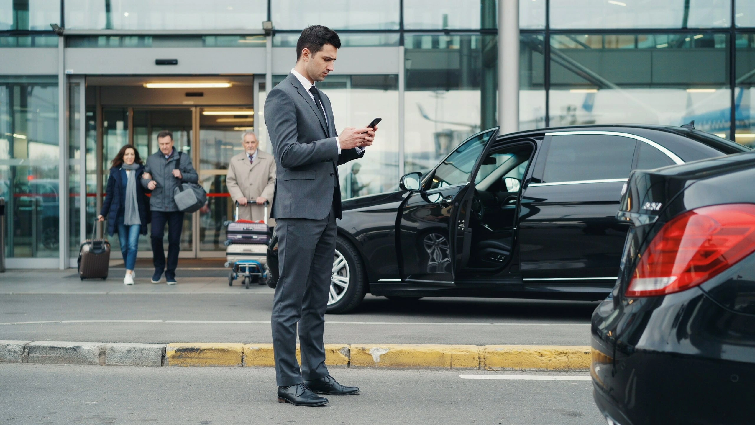 Chauffeur in a gray suit checking his phone at airport arrivals while a black sedan waits with its rear door open and passengers exit the terminal with luggage