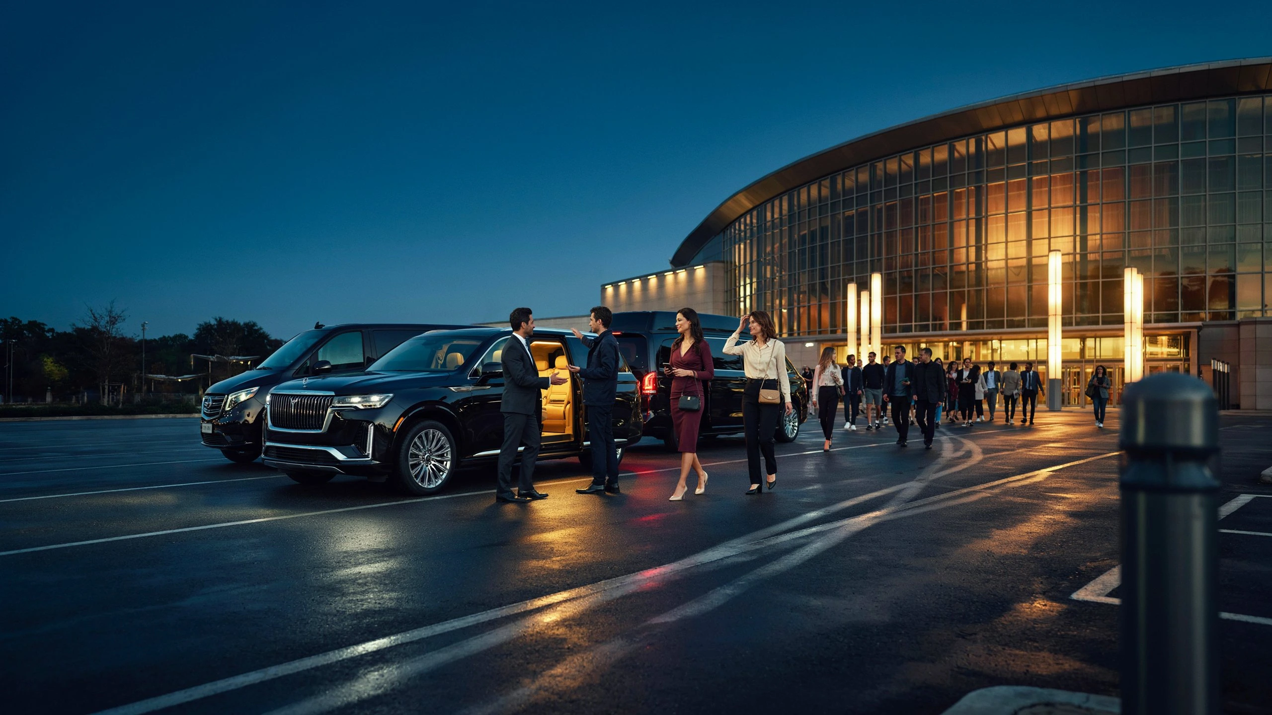 Chauffeur speaking with a guest at the open door of a black luxury SUV while two women walk past toward a lit concert venue at night
