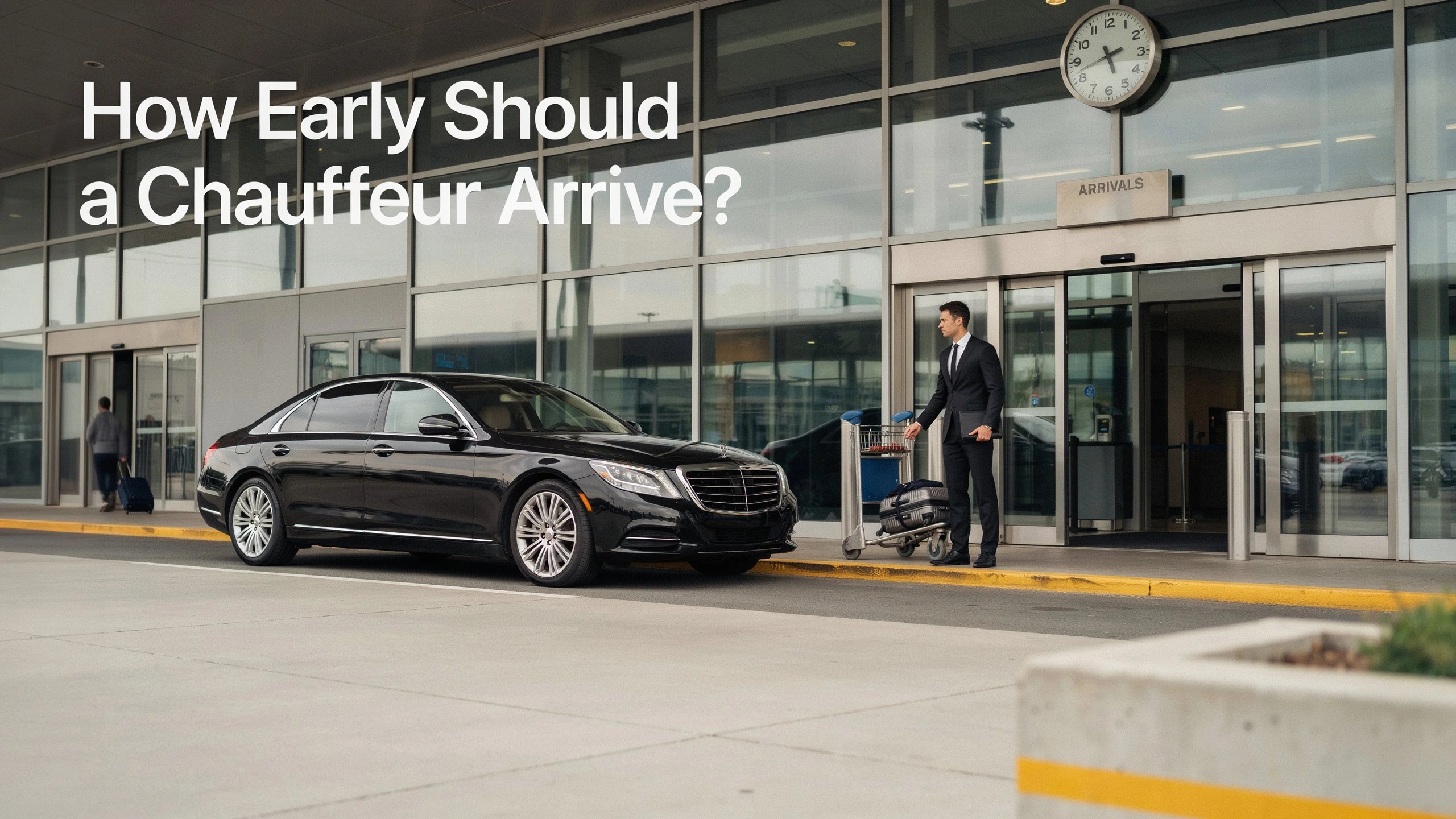 Chauffeur in a dark suit standing by a black luxury sedan outside an airport passenger pickup entrance, with a large wall clock overhead.