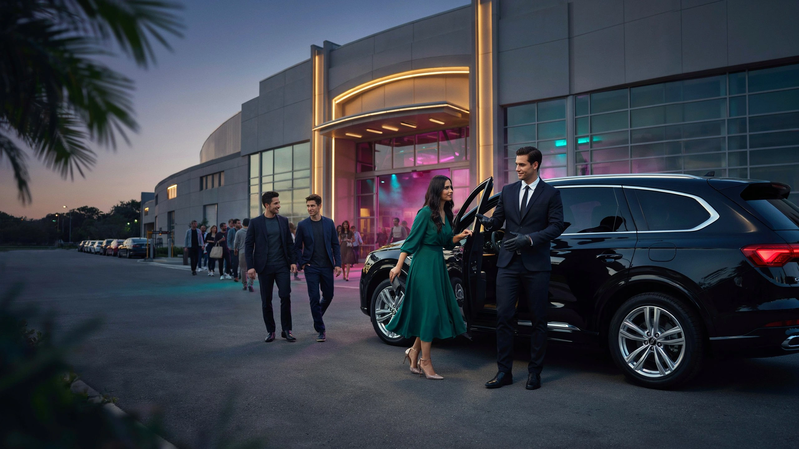 Chauffeur in a dark suit and gloves holding the door of a black luxury SUV for a woman in a green dress at a concert venue entrance