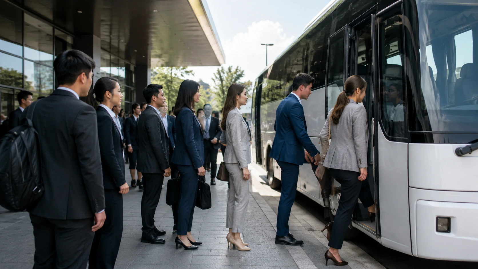 Business professionals in suits lining up to board a modern white coach bus at a hotel pickup area